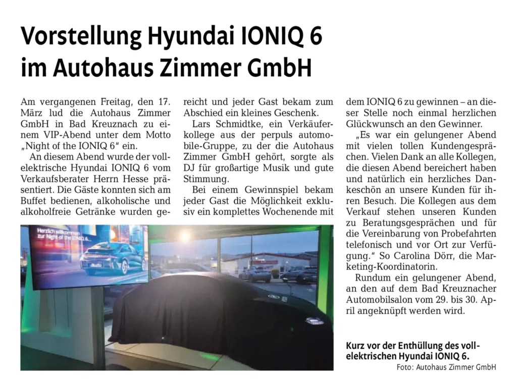 Vorstellung Hyundai IONIQ 6 im Autohaus Zimmer GmbH